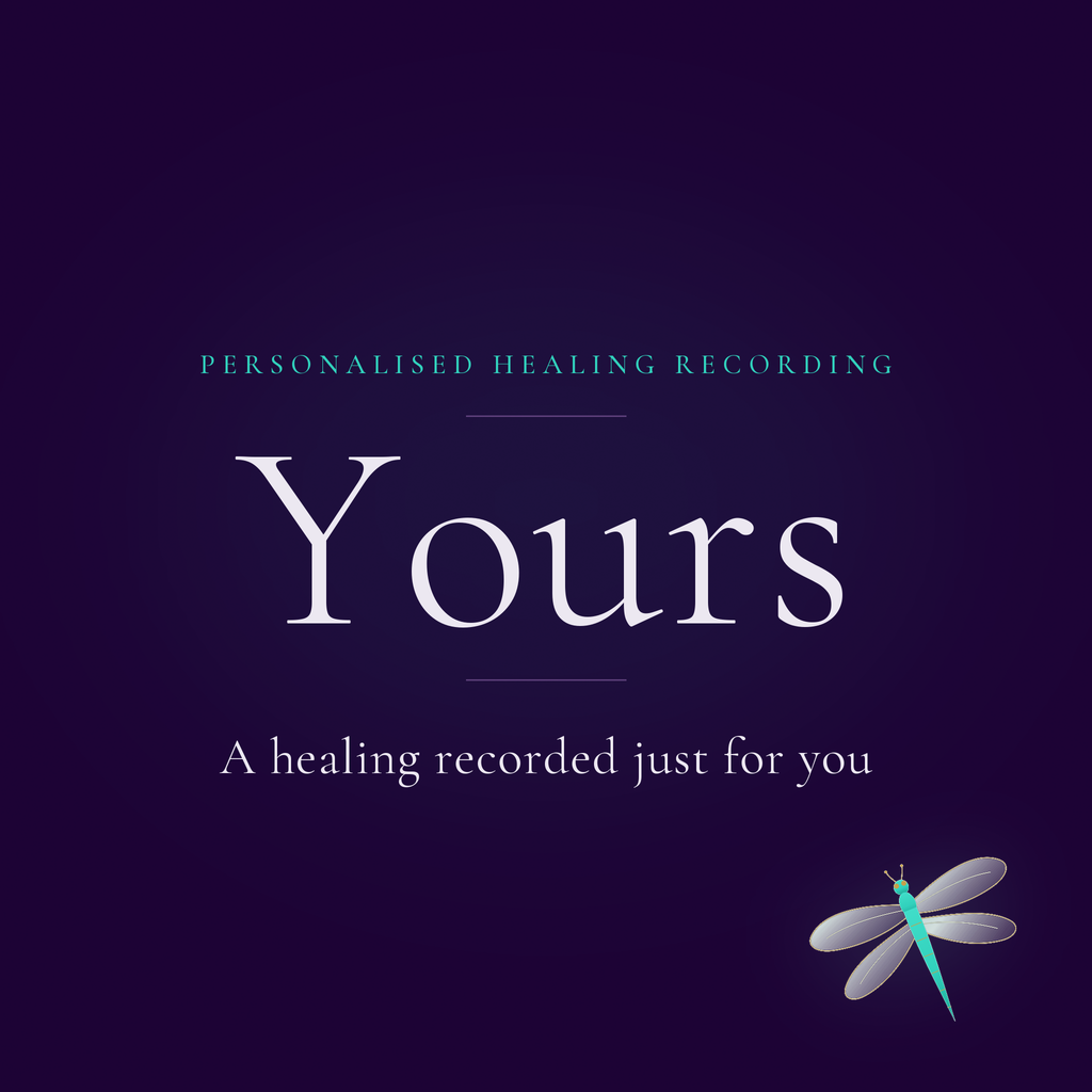 Yours, a personalised audio healing by Chantal Maeve, dragonfly on deep purple.
